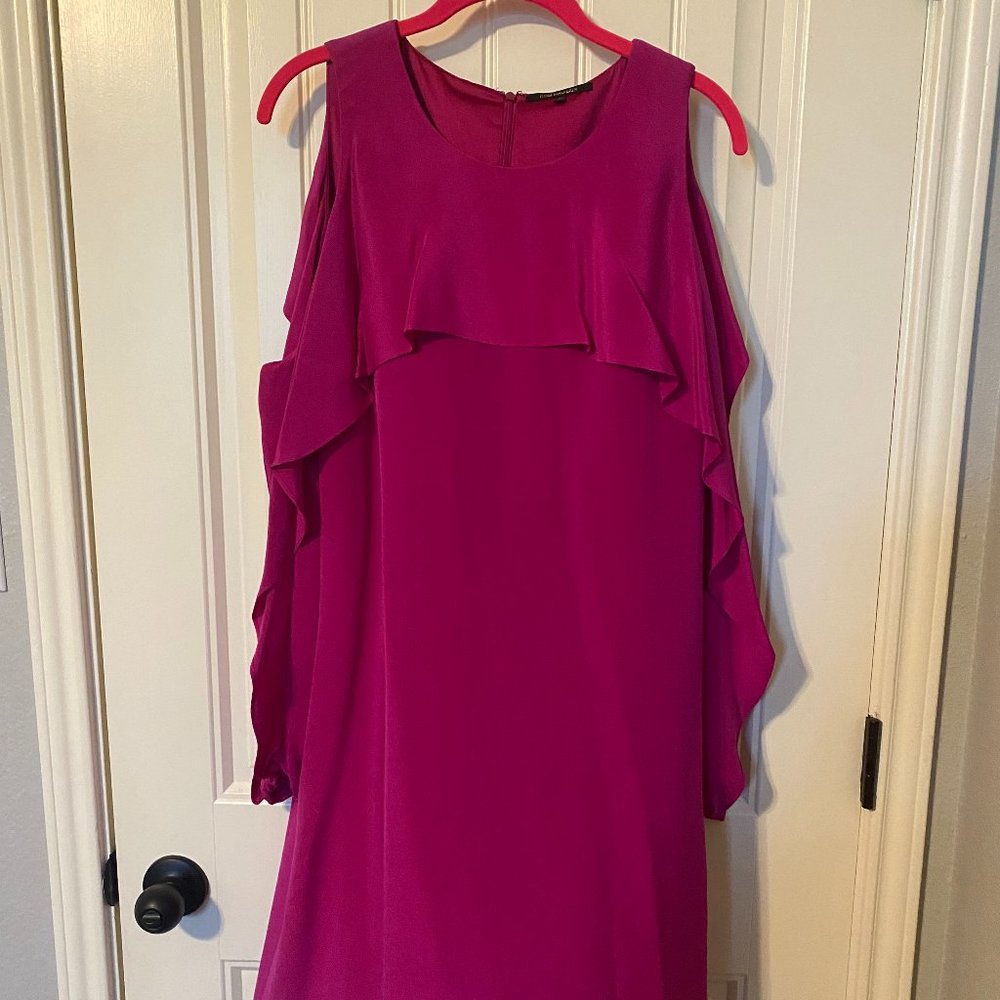 Kobi Halperin Magenta Pink Silk Cold Shoulder Ruffle Sleeve Sheath Dress, M